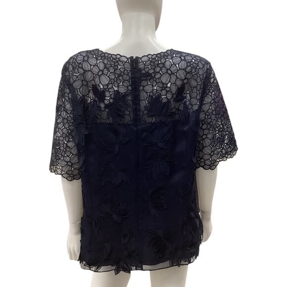 Escada Top Women’s SZ L Silk Lace Embroidery Back Zipper Short Sleeve Navy Color - Picture 3 of 4